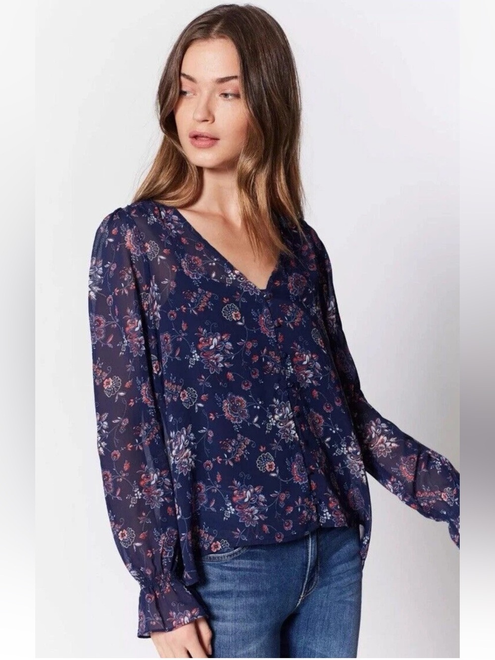 Joie Bolona B Floral Print Silk Top Navy V-Neck Sheer Long-Sleeve Blouse Medium